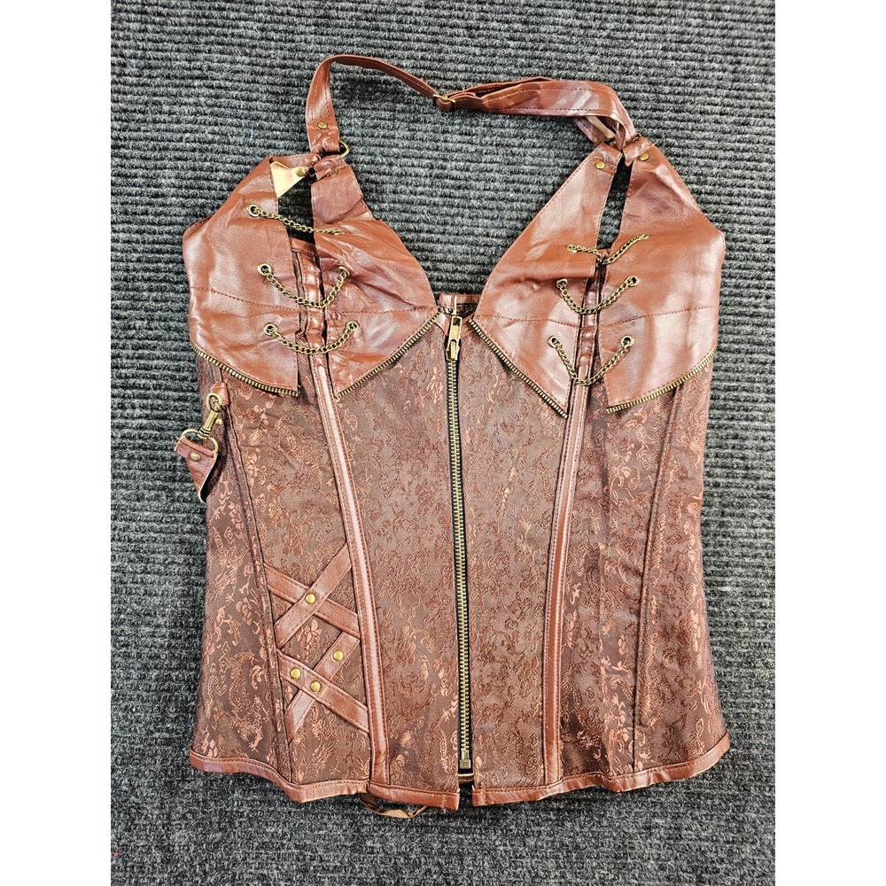 Womens Corset Top Large Brown Floral Stretch Steampunk Halter Chain Full Zip